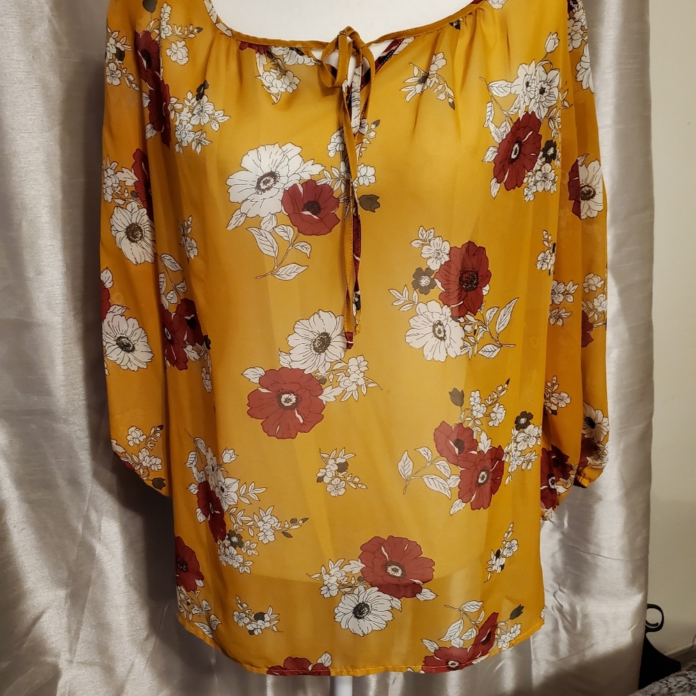 I.N. Studio Sheer Mustard Yellow Floral Blouse XL